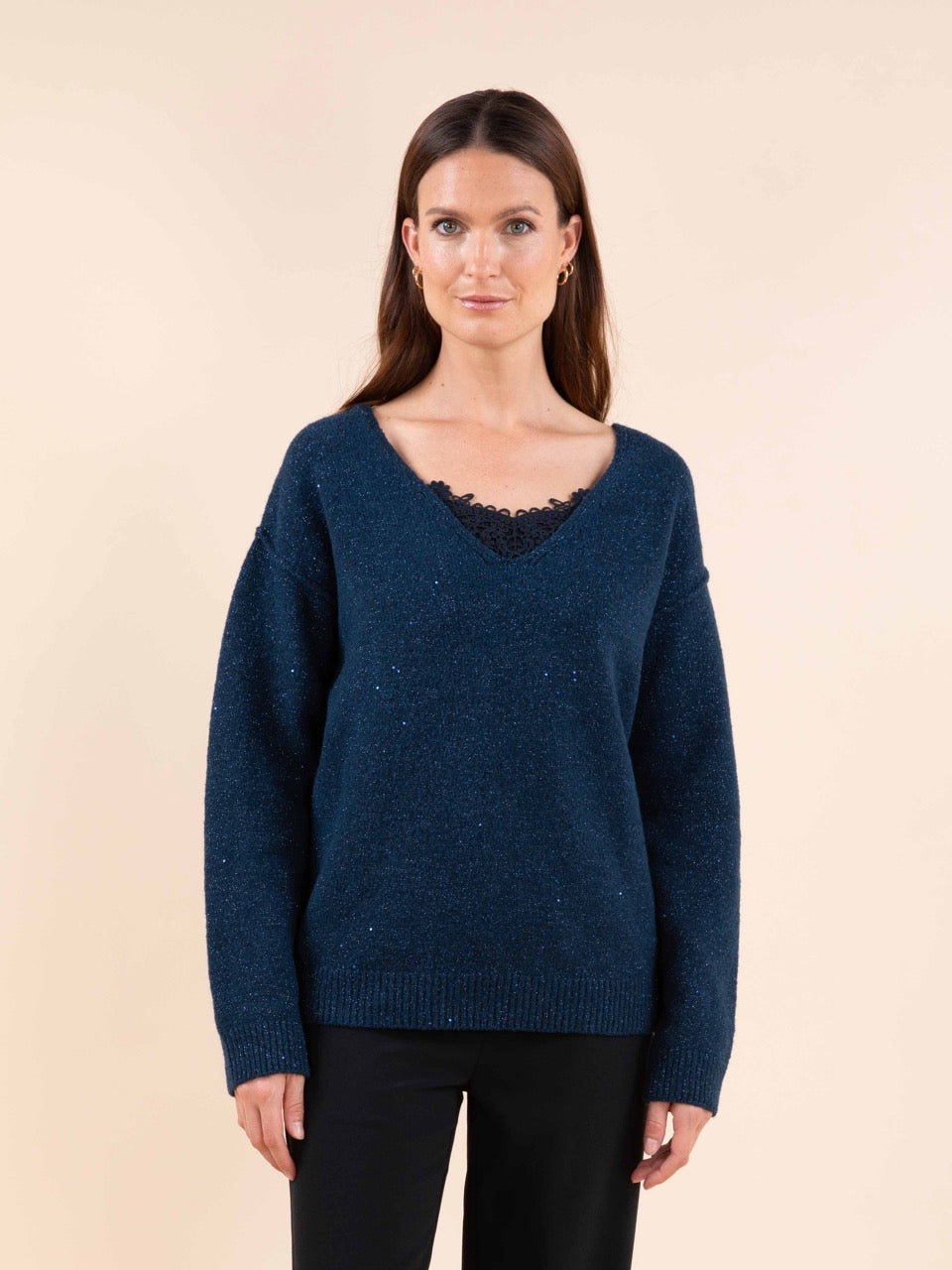 Reverso-Pulli mit Pailletten in Petrol