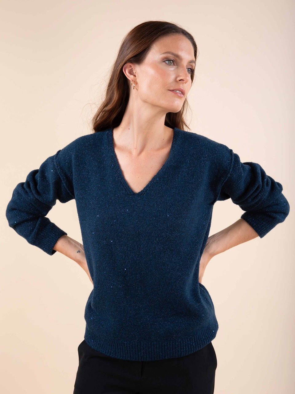 Reverso-Pulli mit Pailletten in Petrol