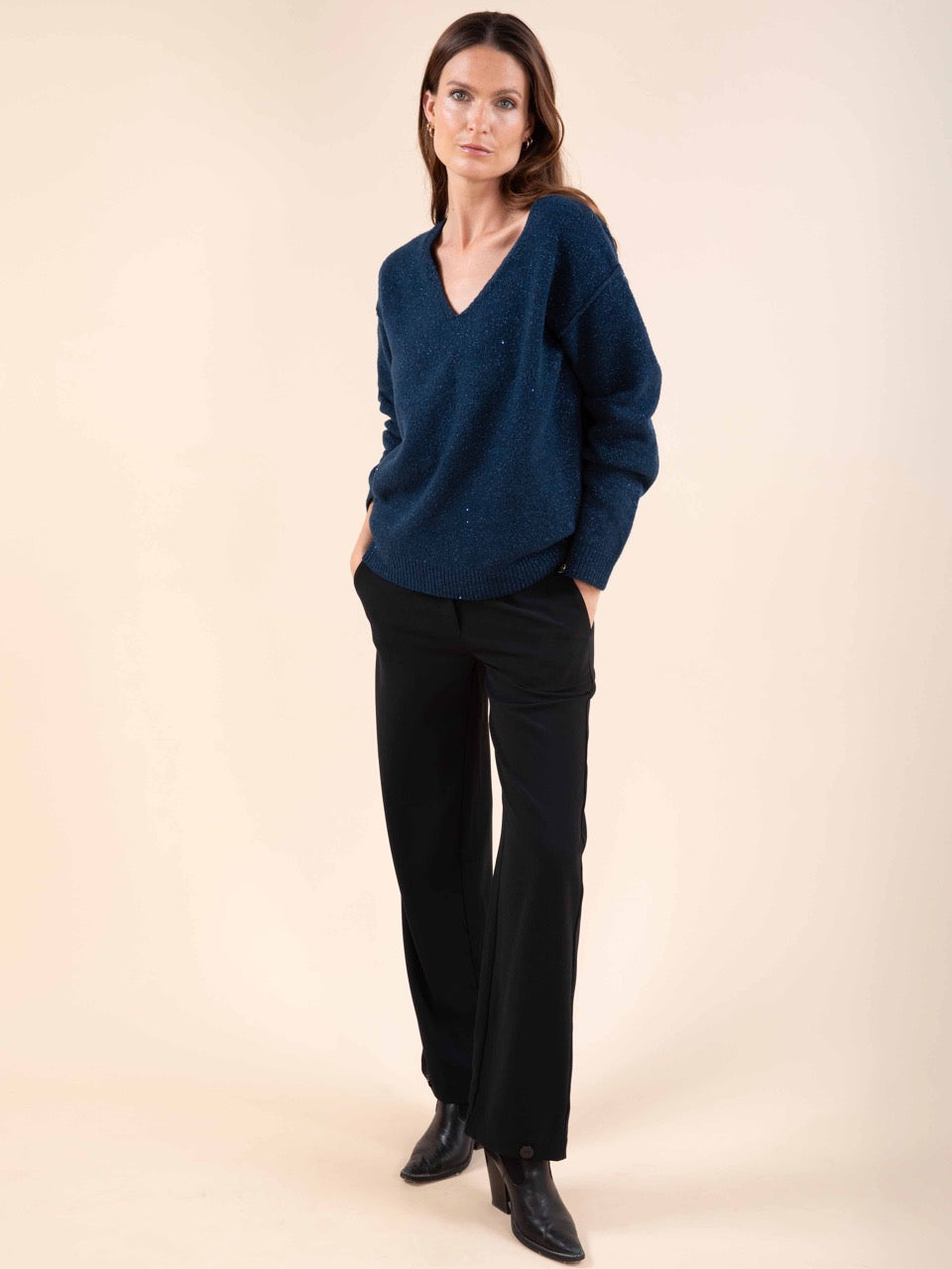 Reverso-Pulli mit Pailletten in Petrol