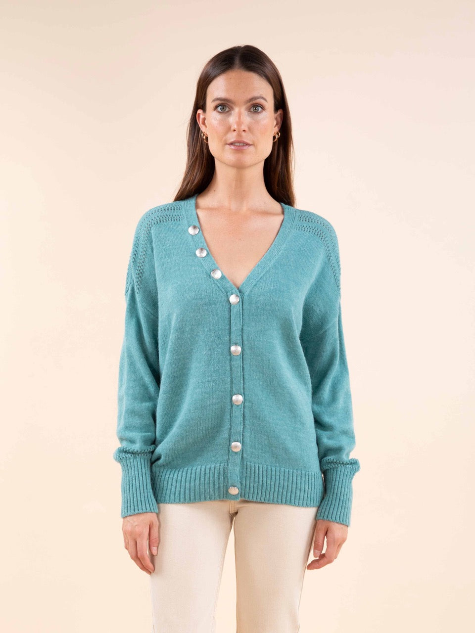Reverso-Strickjacke aus Mischwolle in Graugrün