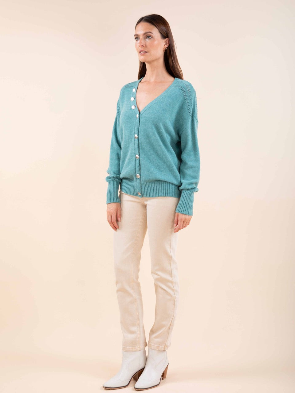 Reverso-Strickjacke aus Mischwolle in Graugrün