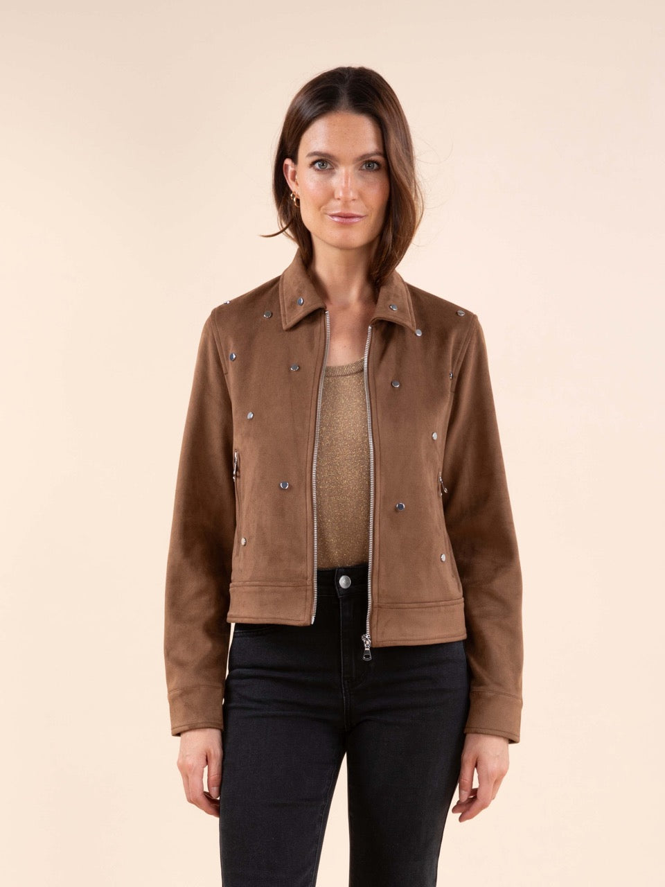 Jacke aus Wildlederimitat mit Nieten
