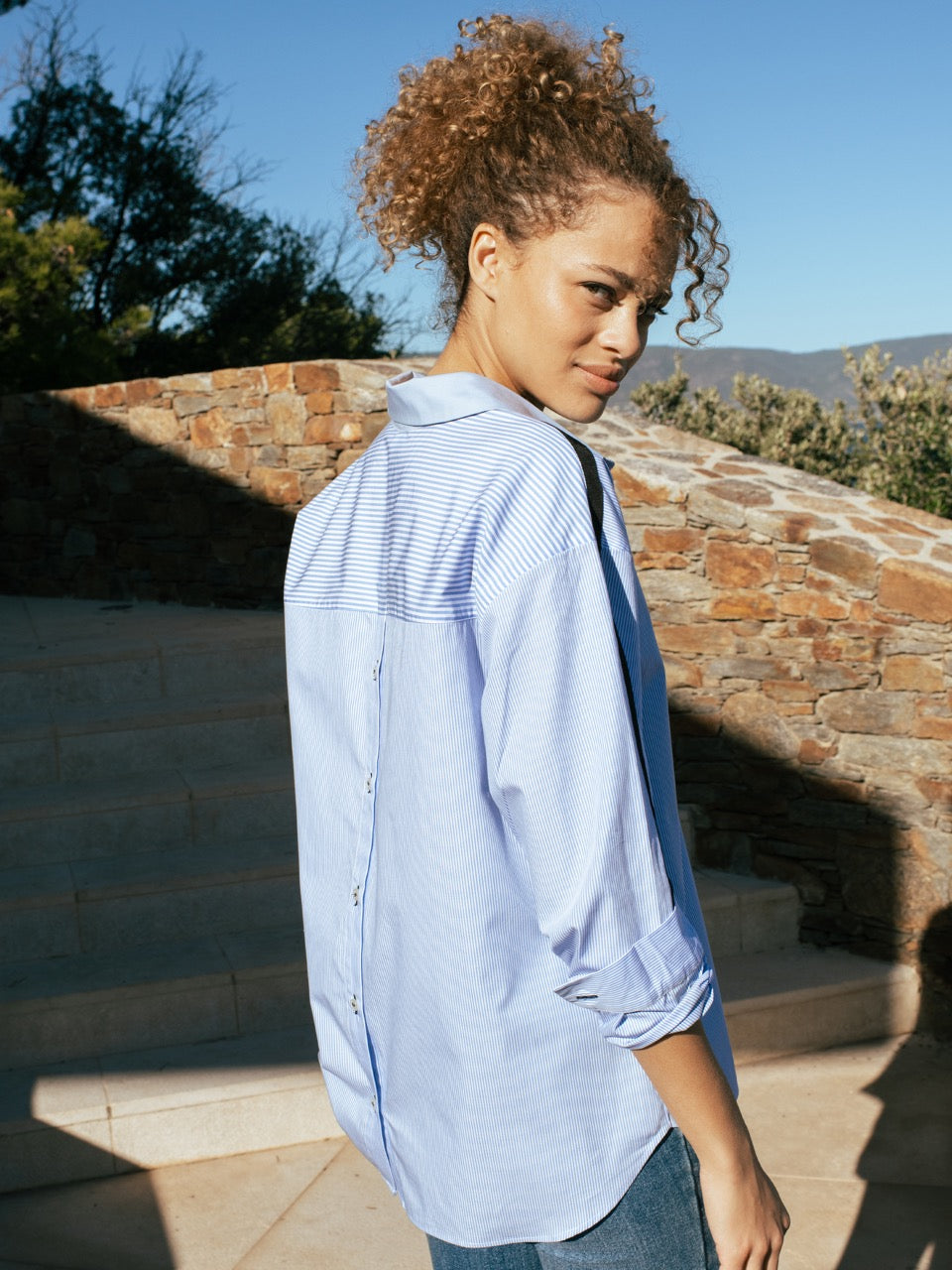 Bluse mit Streifenmix, blau