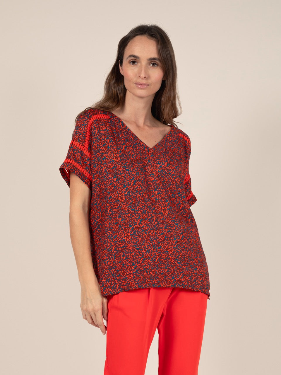 Bedruckte kurzärmelige Bluse in Rot