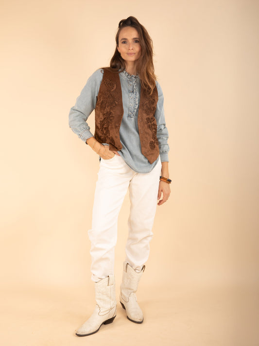 Jeansbluse mit Volants