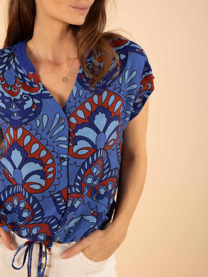Ärmellose Bluse mit Knoten in Blaugrün