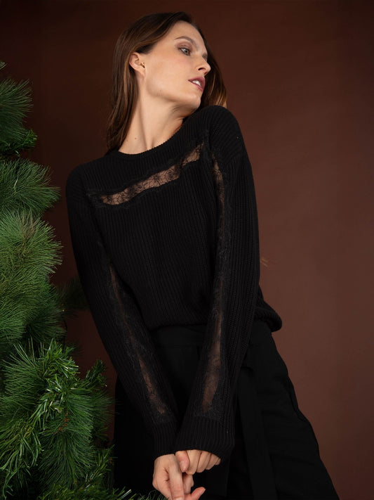 Spitzenpullover mit Rippstrick