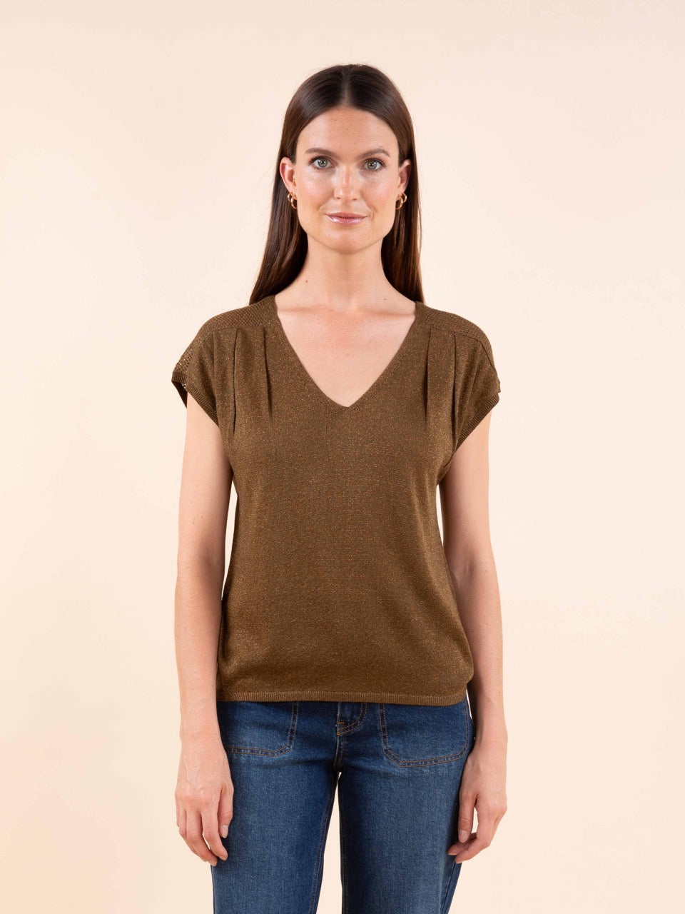 Kurzärmeliger Lurex-Pullover in Messing