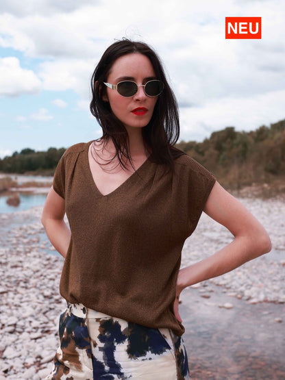 Kurzärmeliger Lurex-Pullover in Messing