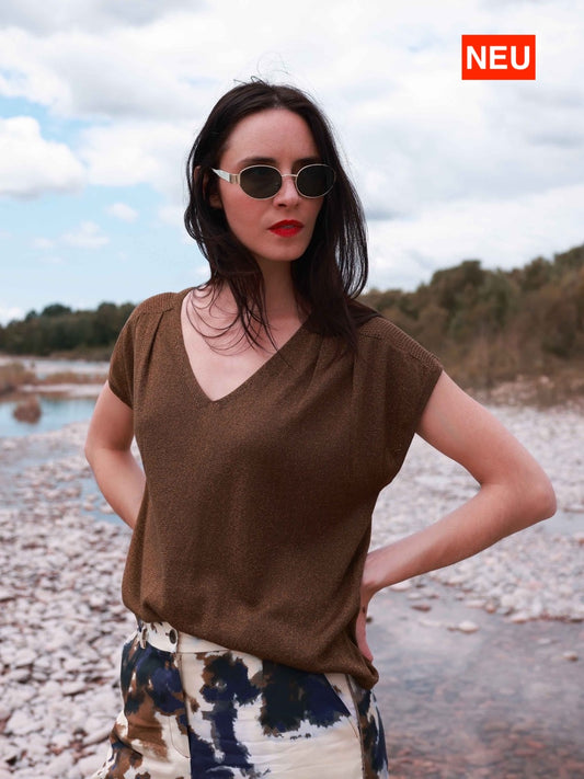 Kurzärmeliger Lurex-Pullover in Messing