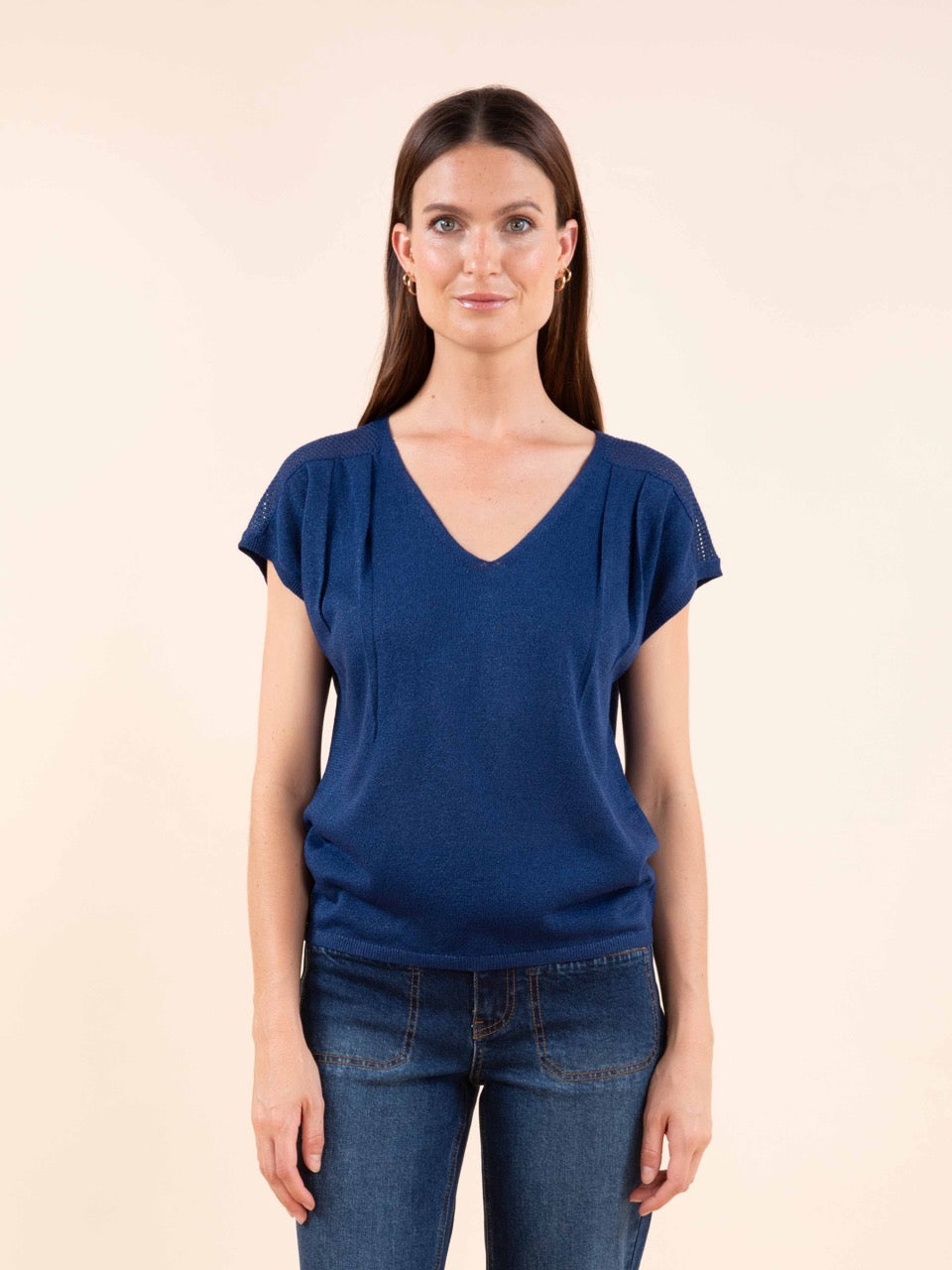 Kurzärmeliger Lurex-Pullover in Tinte