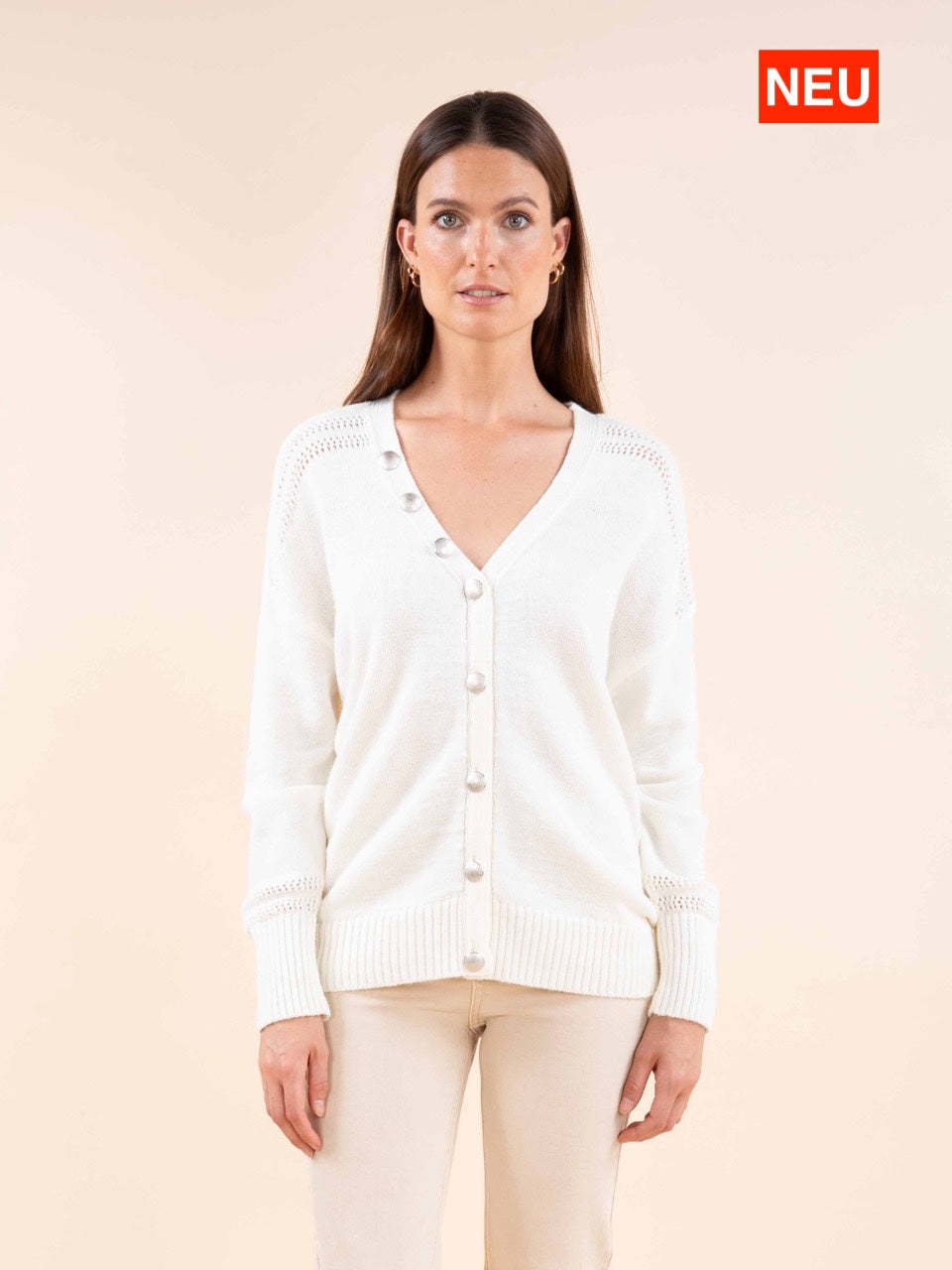 Reverso-Strickjacke aus Mischwolle in Elfenbein
