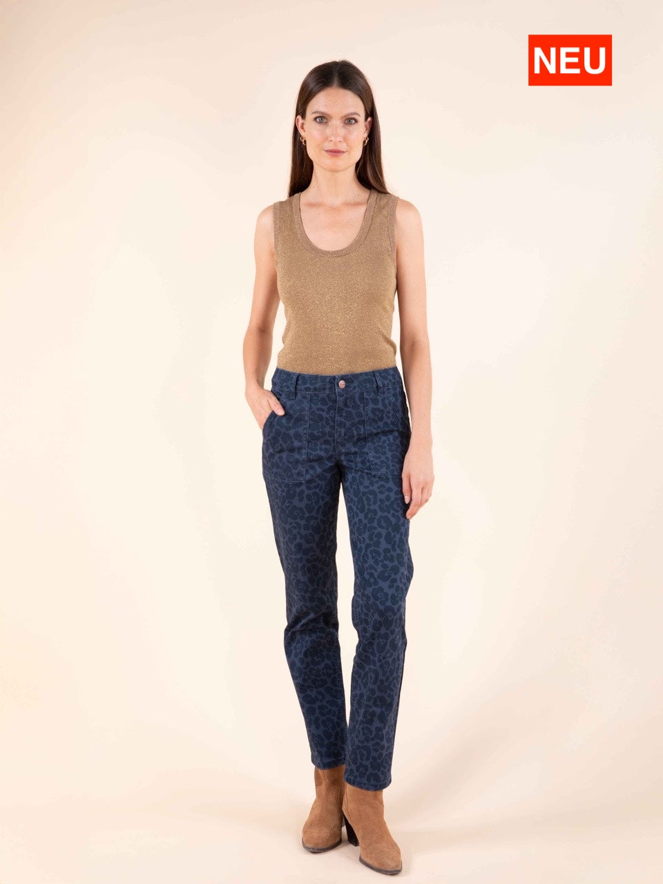 Gerade Hose in Indigo mit Leopardenmuster