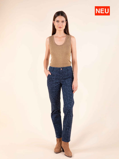 Gerade Hose in Indigo mit Leopardenmuster
