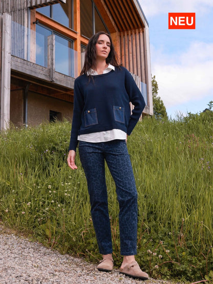 Gerade Hose in Indigo mit Leopardenmuster