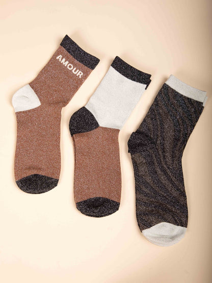 3er-Pack Lurex-Socken in Terracotta
