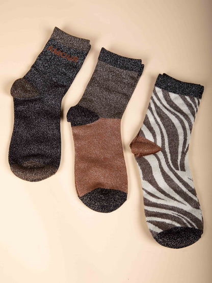 3er-Pack Lurex-Socken in Schwarz