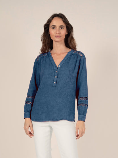 Bluse aus Baumwollgaze in Denim