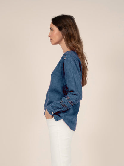 Bluse aus Baumwollgaze in Denim