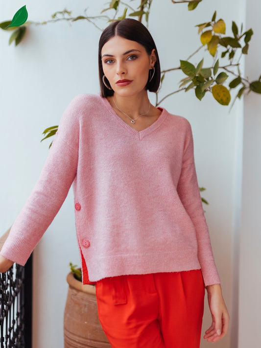 Einfarbiger Pullover mit V-Ausschnitt in Sorbet